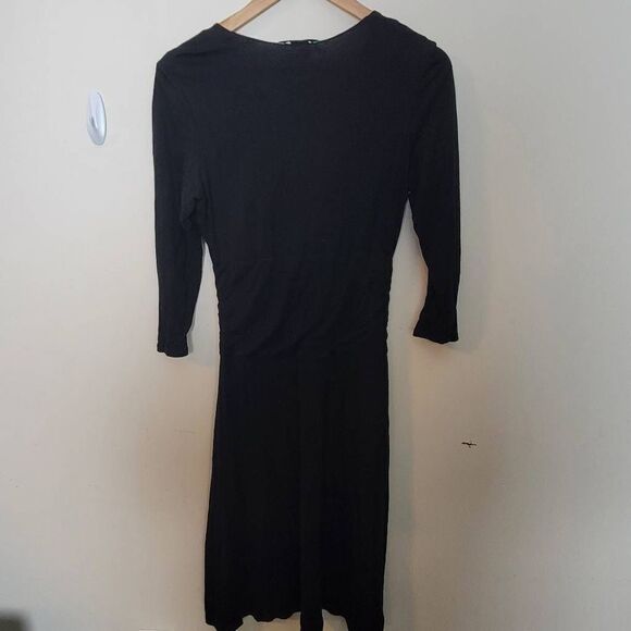 Boden V neck Cross Front 3/4 Sleeves Tencel Ruched Black Midi Dress 12L - Picture 3 of 4